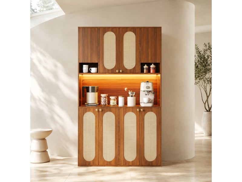  Armoire haute 8 portes avec bar led réglable, mdf et rotin pe, naturel  - Conforama B