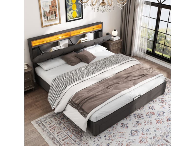  Lit coffre 160x200 cm gris avec led, tête escamotable, tiroirs, cadre acier et lin  - Conforama B