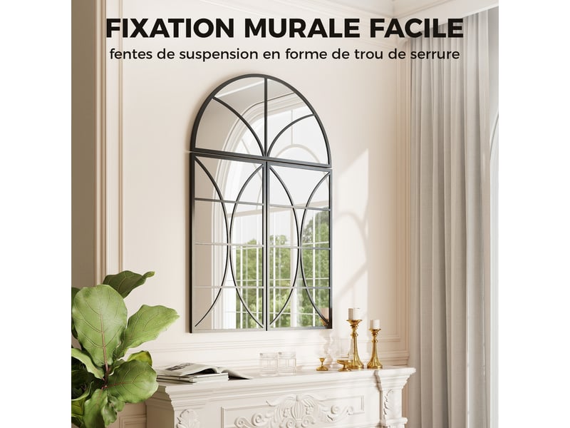  Miroir mural arqué 80 x 120 cm, lot de 3 pièces, miroir verrière en forme de fenêtre, noir, verre trempé et métal  - Conforama R