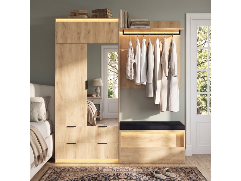 Ensemble vestiaire avec éclairage led et miroir 180 x 47 x 200 cm, armoire d’entrée anthracite et chêne avec 2 tringles, 4 tiroirs et 3 éclairages led - Conforama B