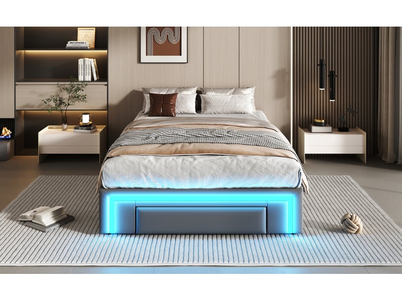  Lit simple 90x200 cm avec tiroirs et bande lumineuse led, cadre de lit adulte en métalliques, lit 1 personne en cuir pu, gris  - Conforama W