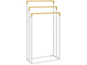 Porte-serviettes en bambou et acier sur pieds avec 3 barres support pour serviette blanc et naturel 45 x 22,5 x 86 cm