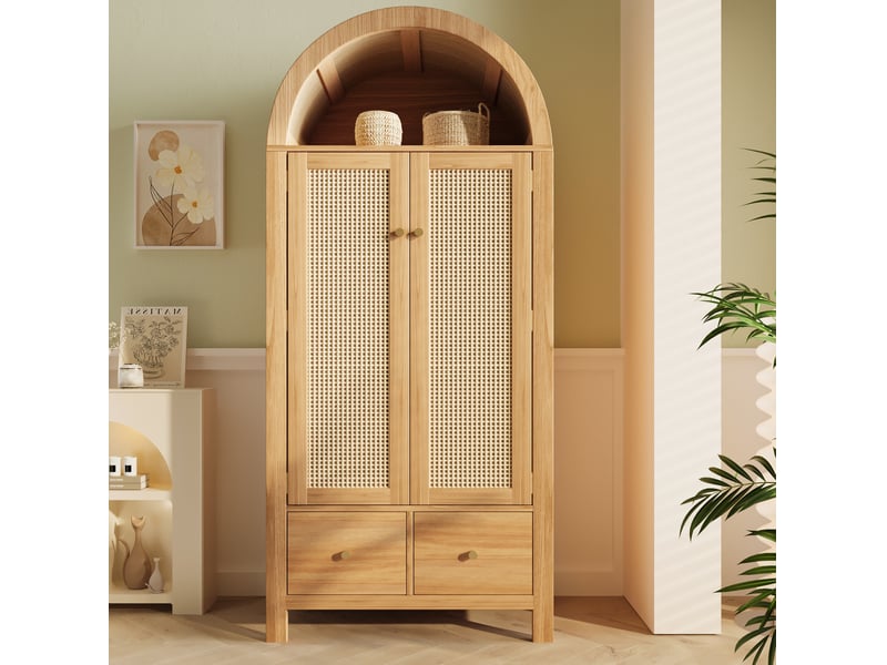  Armoire 78x45x181 cm 2 portes 2 tiroirs mdf chêne avec tringle et rotin pe, rangement ouvert et fermeture magnétique  - Conforama B