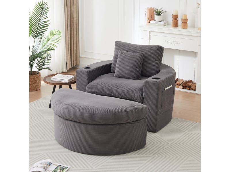  Fauteuil relax rond avec repose-pieds, rangement et porte-gobelet, gris  - Conforama W