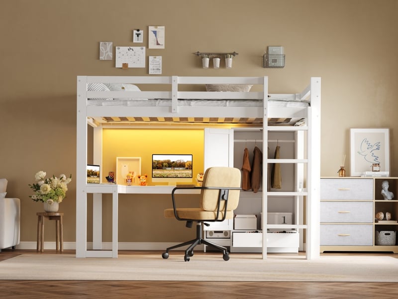  Lit mezzanine 90x200 cm avec bureau, étagères, armoire, port usb et éclairage led, blanc  - Conforama B