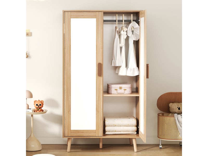 Armoire 2 portes avec penderie, rangement compact pour chambre et chambre d’enfant, finition blanc et effet bois naturel, meuble moderne et pratique, design moderne OPULERANE TRADING LTD - Conforama B