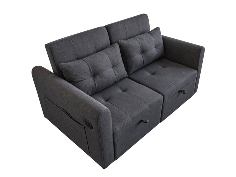 Canapé droit convertible 2 places gris en tissu avec usb, poches latérales et dossier réglable, gain de place - Conforama A