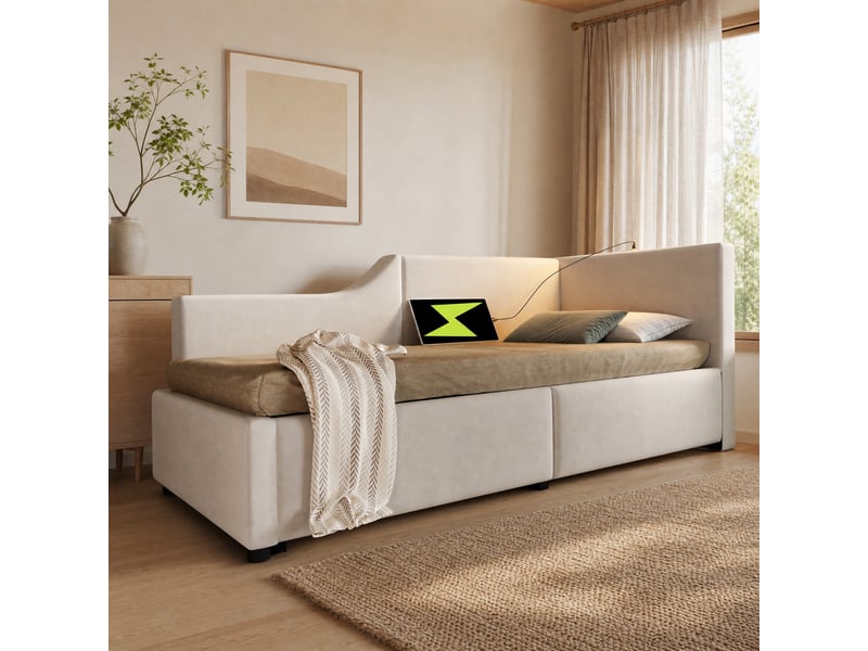  Lit de jour 90x190 cm avec rangement hydraulique, velours beige, liseuse usb-c  - Conforama D