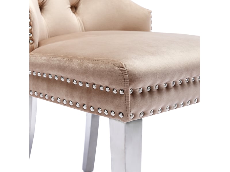  Lot de 2 chaises salle à manger 53x62,5x94,5 cm, dossier incurvé, velours beige, pieds métalliques  - Conforama E
