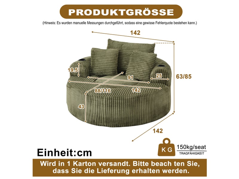 Canapé lounge rond 1 place 142.00×142.00×85.00 cm en velours côtelé avec porte-gobelets et poches latérales vert chicfurn - Conforama D
