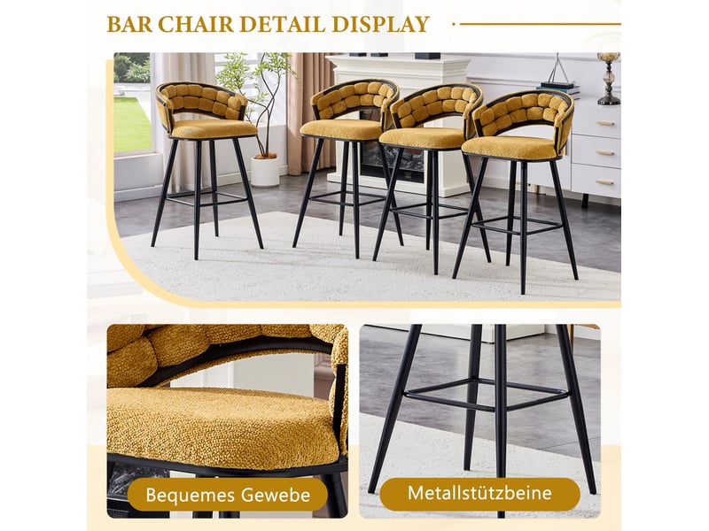  Lot de 4 tabourets de bar avec dossier tressé, assise rembourrée et repose-pieds en velours jaune et métal noir  - Conforama E