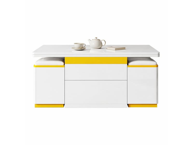 Table basse relevable et extensible 100 x 50 cm avec 4 tabourets, blanc et jaune - Conforama A