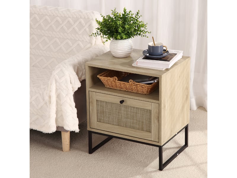  Table basse bohème en rotin – design moderne avec tiroir de rangement – pieds en métal robustes – pour salon ou chambre PHO_0ZS5IGXP - Conforama B