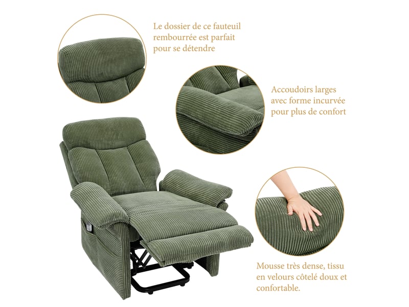  Fauteuil relax en velours côtelé avec releveur électrique, télécommande, poche latérale, réglable 90 à 160°, vert  - Conforama C