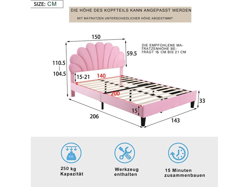 Lit enfant 140x200cm, lit 2 places, sommier, tête de lit en forme de fleur incluse, velours rose, sans matelas - Conforama C