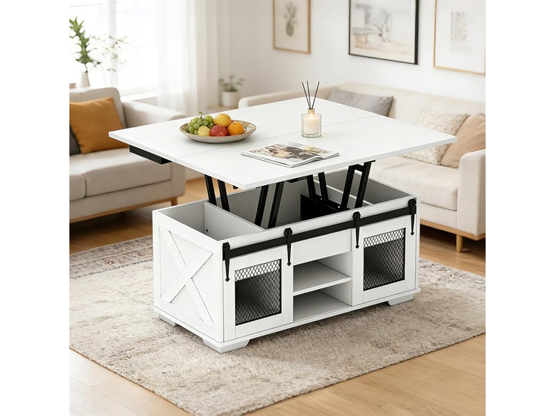  Table basse relevable, 3 compartiments caché, 2 portes coulissantes, table de café industrielmoderne avec plateau relevable, charge 75 kg (blanc)  - Conforama B