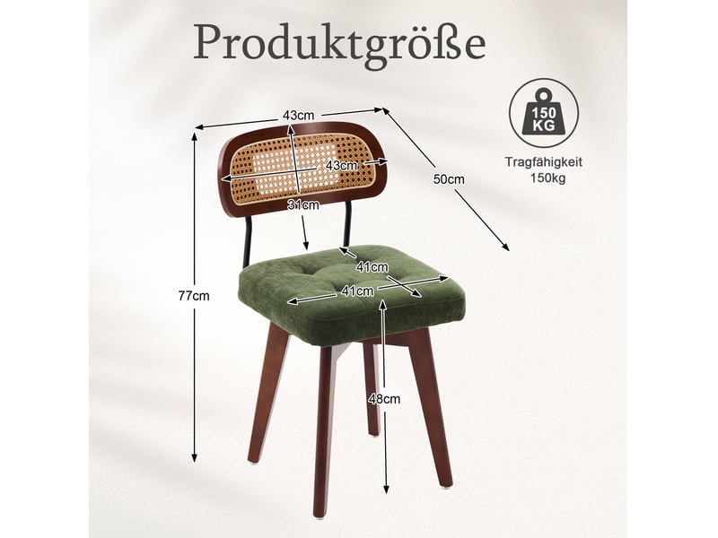  Lot de 2 chaises pivotantes à 360° avec dossier en rotin tressé et assise rembourrée en chenille verte  - Conforama C
