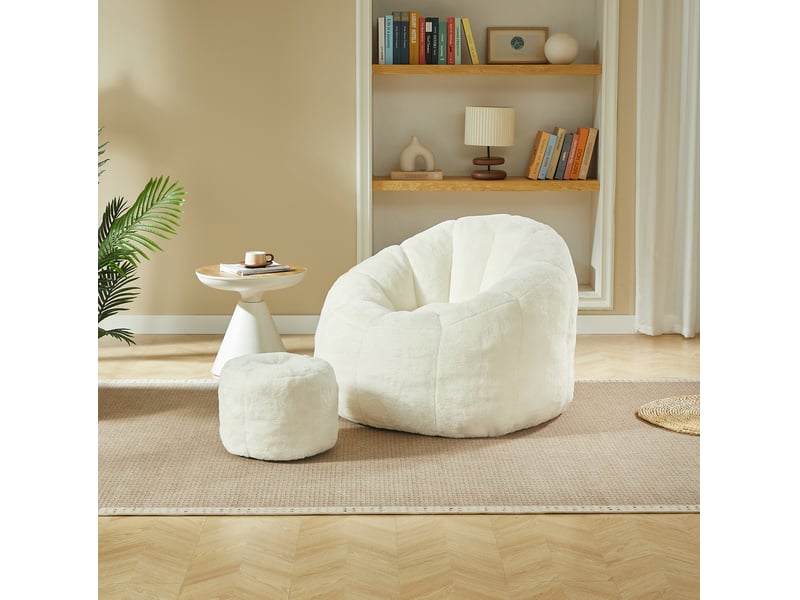 Fauteuil pouf avec repose-pieds 105x105x70 cm en polyester blanc cassé - Conforama R