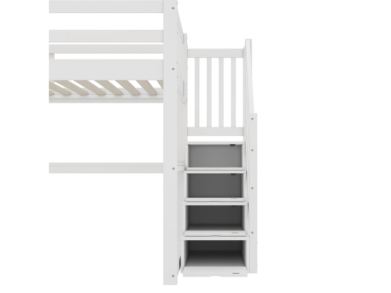  Lit mezzanine enfant 90x200 cm avec escalier de rangement, bureau et garde-corps, sommier inclus, pin, blanc, sans matelas  - Conforama E