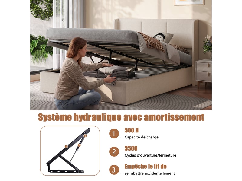  Lit coffre 160x200 cm rembourré tissu lin beige, tête de lit à oreilles, système hydraulique, grand espace de rangement, sommier à lattes  - Conforama D