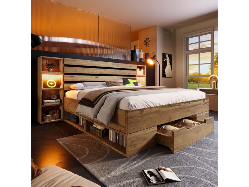  Lit double en bois massif 180 x 200 cm, rangement, led, usb-c, tête de lit avec rangement, tiroir, sommier à lattes en bois, chêne Seren Glow - Conforama B