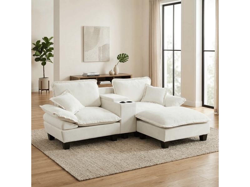  Canapé d'angle modulable beige avec pouf, ports usb et rangement - tissu chenille 224x151x90 cm  - Conforama B