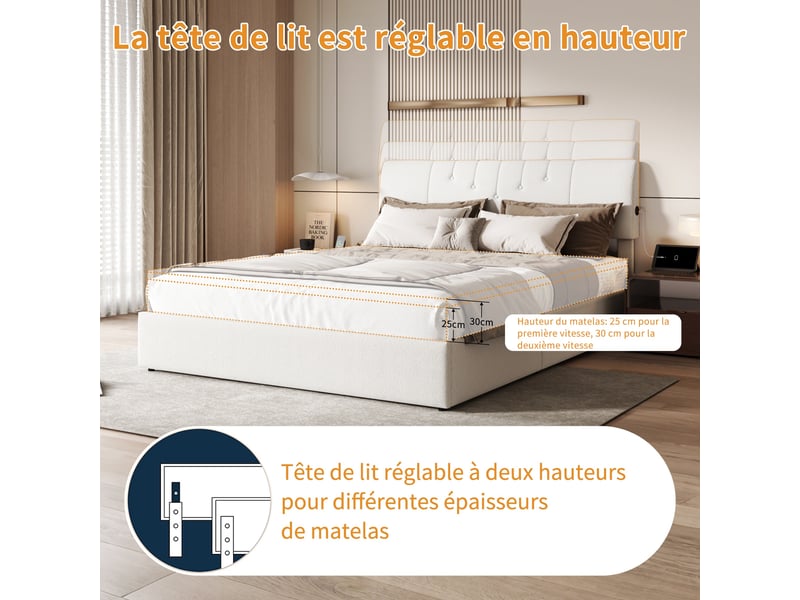  Lit coffre 140x190cm - lit double 140x190 - tissu bouclette avec ports usbtype-c latéraux, tête réglable - blanc cassé  - Conforama D