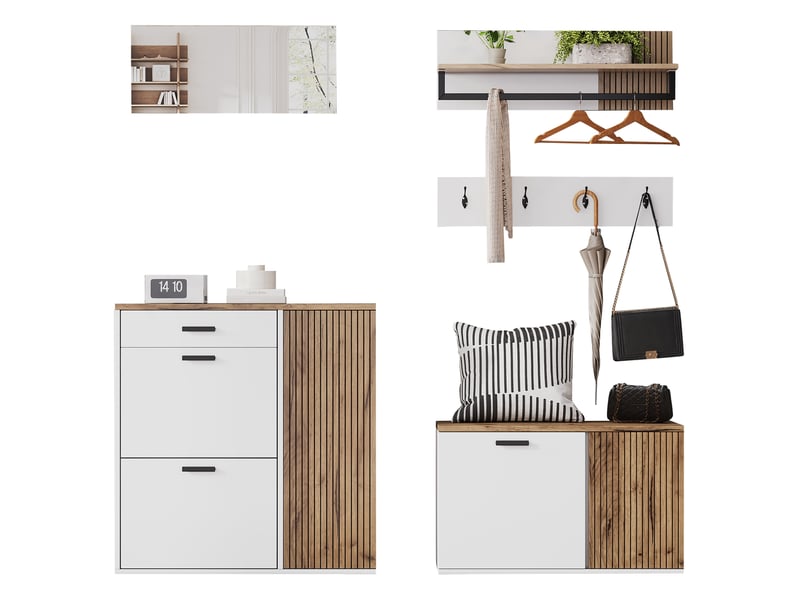 Ensemble meuble d'entrée 5 pièces 85x36x85 cm, meuble à chaussures et banc à chaussures, miroir, mdf, blanc et chêne  - Conforama A