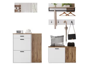Ensemble meuble d'entrée 5 pièces 85x36x85 cm, meuble à chaussures et banc à chaussures, miroir, mdf, blanc et chêne