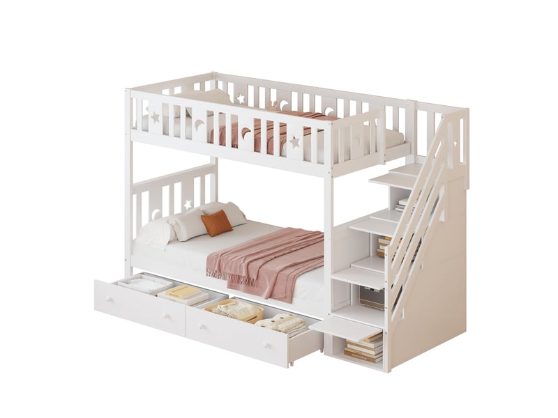  Modenvie lit superpose enfant 90x200 cm - avec escalier de rangement, sommier inclus, sans matelas - blanc  - Conforama A