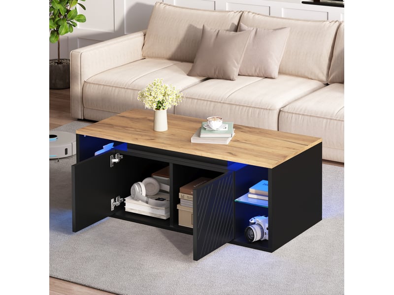  Table basse tcqpz 100 x 50 x 41 cm avec led et rangements noir effet bois  - Conforama B