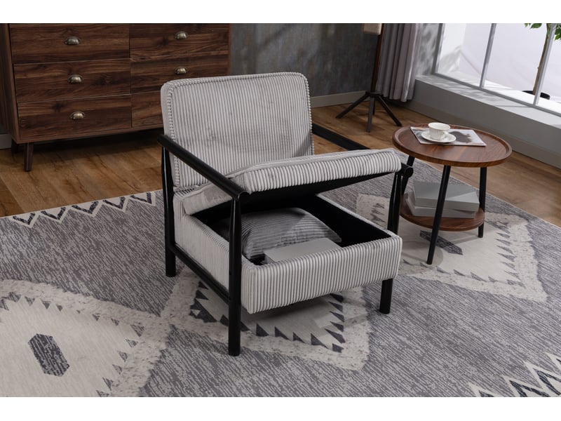  Fauteuil de salon moderne 83x66x73cm - coffre de rangement intégré, coussin lombaire amovible et structure en bois massif - velours côtelé - gris  - Conforama D