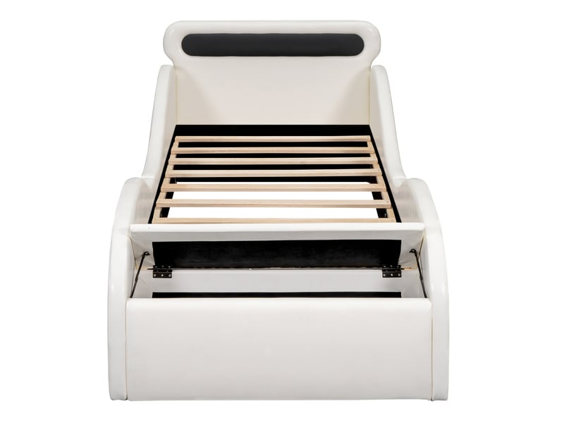  Lit enfant voiture 90 x 200 cm blanc en pu et mdf, roues lumineuses réglables et coffre de rangement  - Conforama A