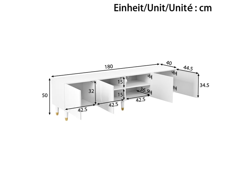  Meuble tv 180x40x50 cm, 4 portes, passe-câbles, façades texturées, pieds bois, grand rangement, lowboard moderne pour salon - blanc  - Conforama C