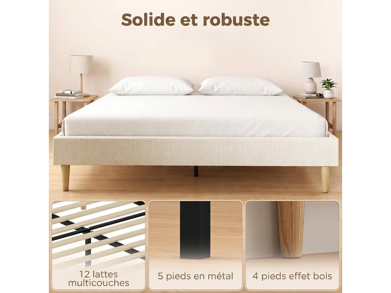  Cadre de lit 160 x 200 cm avec sommier, lit double rembourré en velours côtelé, espace de rangement au-dessous, crème  - Conforama E