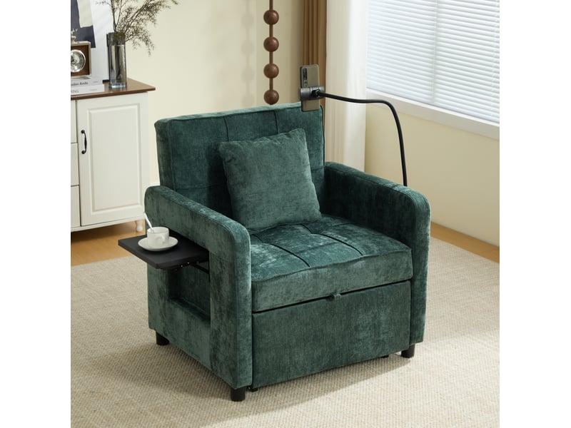  Fauteuil convertible 79x66x83 cm, 5 positions, tablette, coussin, canapé 1 place, chenille vert, rangement, pour salon  - Conforama D