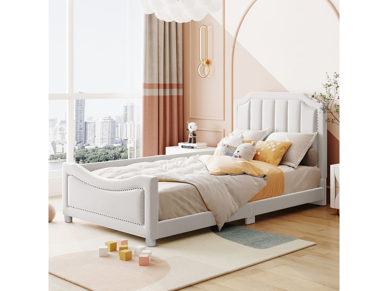 Lit gigogne enfant 90 x 200 cm avec dossier et accoudoirs, lit rembourré cadre de lit simple en tissu teddy multifonctionnel, blanc - Conforama R