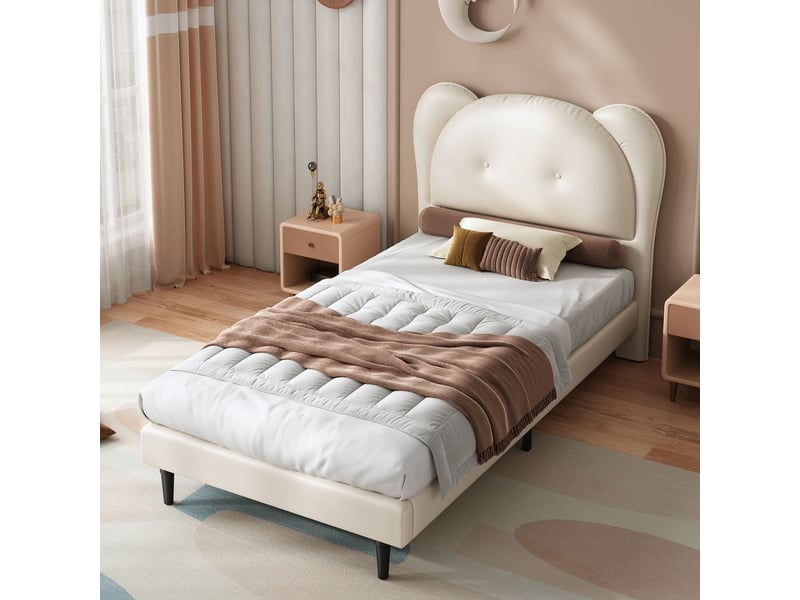  Lit rembourré enfant 90x200 cm design ours mignon - lit enfant - similicuir pu beige, sommier à lattes, tête de lit douce  - Conforama A