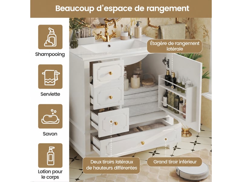  Meuble vasque blanc 76,5 cm avec vasque en céramique et poignées dorées  - Conforama E