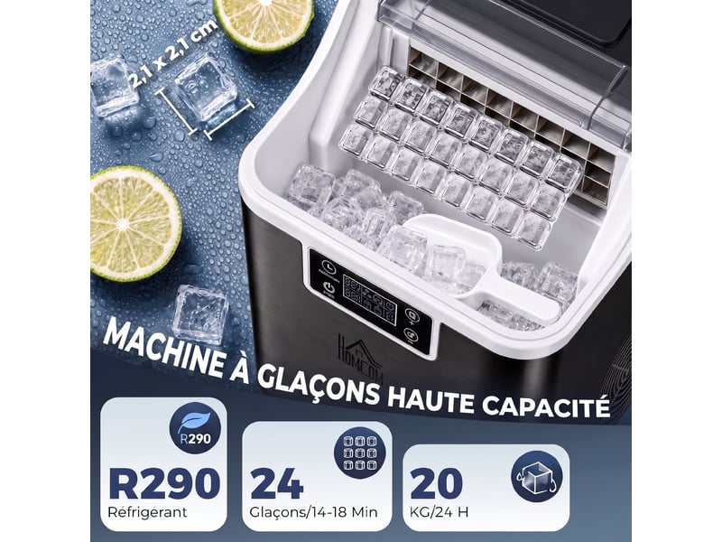  Machine à glaçons, 20 kg en 24h, 24 glaçons en 14-18 min, ice maker avec fonction autonettoyante, 25,2x36x37,1cm, noir  - Conforama D