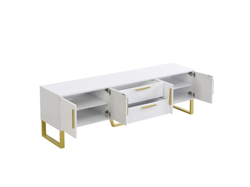  Meuble tv avec 4 portes, 2 tiroirs et passe-câbles pour salon 170×40×53,5 cm en mdf blanc et doré  - Conforama A