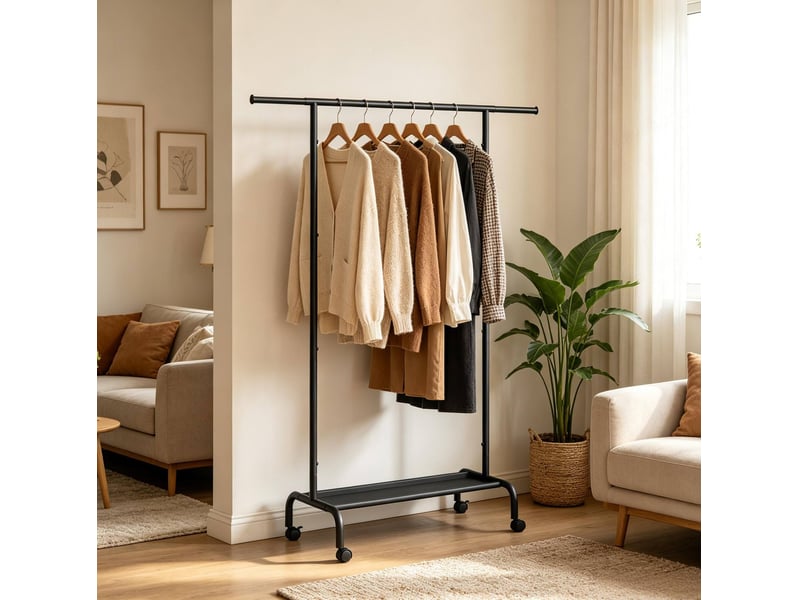  Portant simple à roulettes noir avec étagère et barre extensible  - Conforama E
