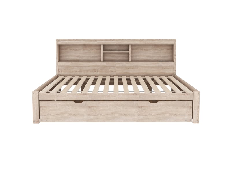  Lit banquette 140x200 cm en bois – tiroirs, gigogne, led et usb, finition bois  - Conforama A