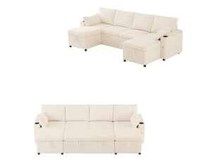 Canapé convertible 4 places en u avec porte-gobelets et rangement, canapé d'angle avec coussins et accoudoirs, canapé lit beige