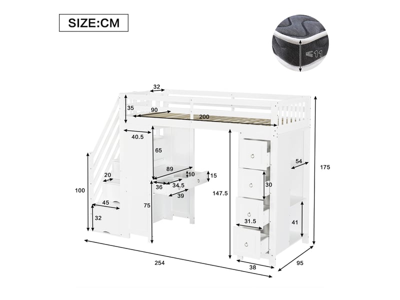 Lit mezzanine enfant, lit simple 90×200 cm, bureau, 6 tiroirs et étagères - okmyhome- blanc, sans matelas - Conforama D