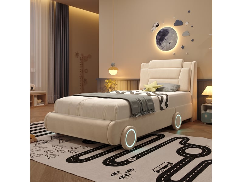 Lit enfant rembourré modenvie voiture 90 x 200 cm en flanelle crème avec tête de lit réglable - Conforama E