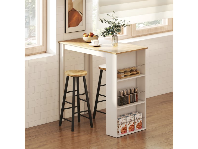  Table de bar table haute de cuisine mange-debout comptoir 112l x 57l x 106h cm - 3 étagères - aspect chêne clair blanc  - Conforama C