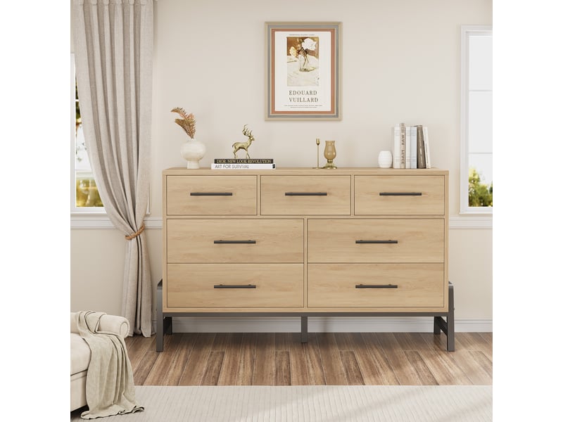  Commode indépendante 7 tiroirs 132 cm - armoire de rangement spacieuse en bois avec pieds métal - pour chambre, salon, entrée PHO_34V6WM8Q - Conforama E