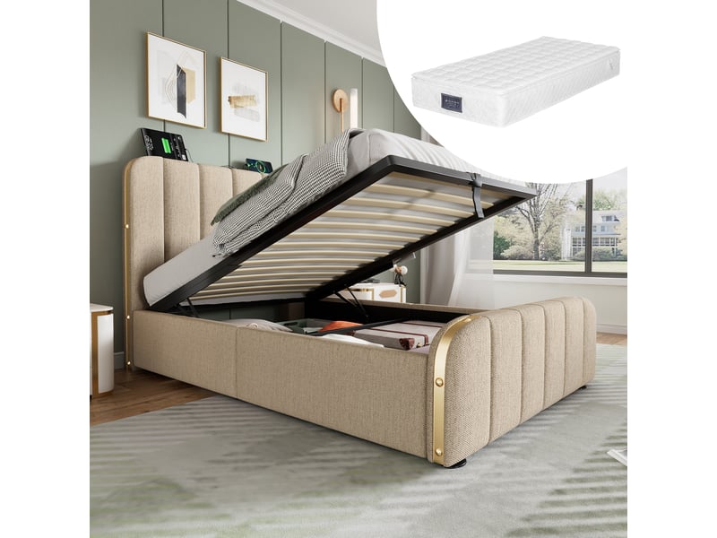 Lit simple 90x200 cm - lit avec led et tiroirs - lin - sans matelas - beige - Conforama B