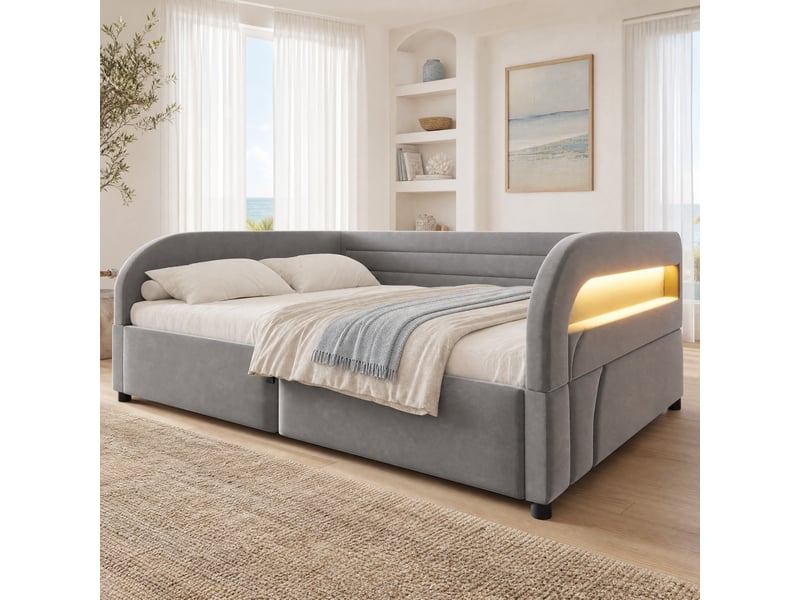  Lit coffre double 140×200 cm avec led rgb et rangement hydraulique - okmyhome- tissu gris, matelas non précisé  - Conforama C
